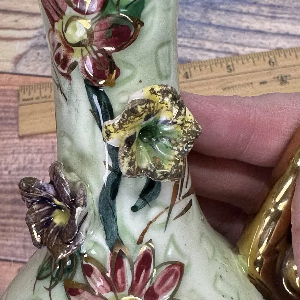Vtg West Pac Japan‎ Porcelain Hand Painted Gold Trim Floral Relief Vase Pitcher